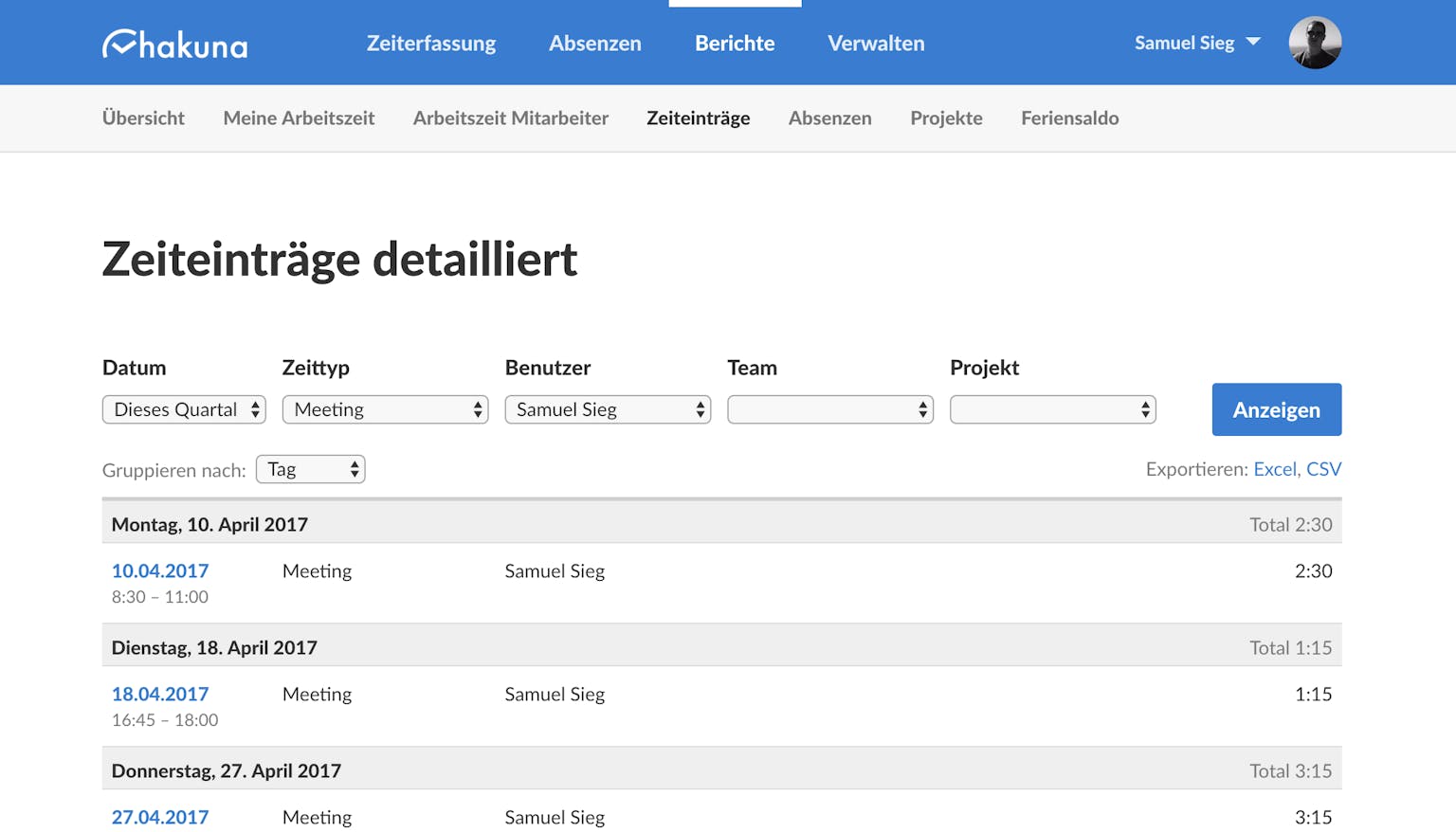 Gruppierung & Export im Bericht "Zeiteinträge"