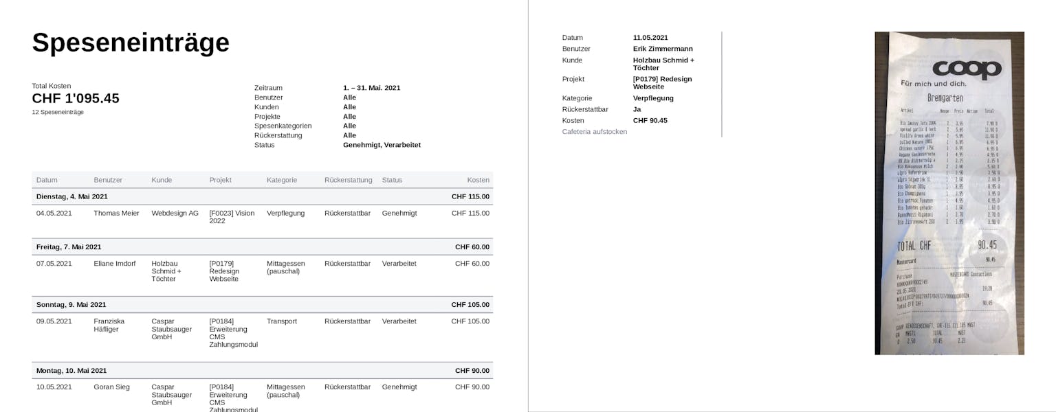 Spesen können als kompakter PDF-Bericht inklusive Quittungen zur Weiterverarbeitung oder Ablage heruntergeladen werden.