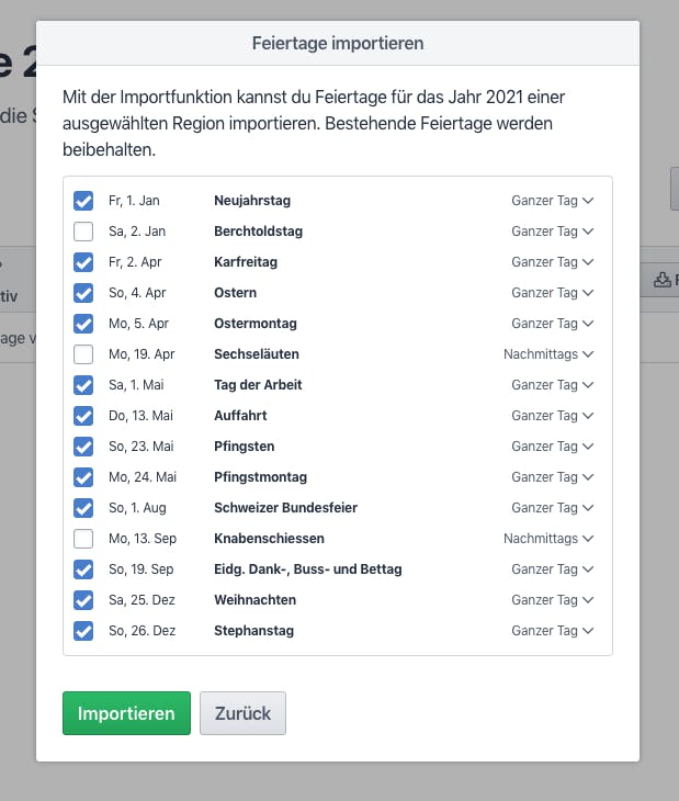 Schritt 2: Gewünschte Feiertage auswählen.