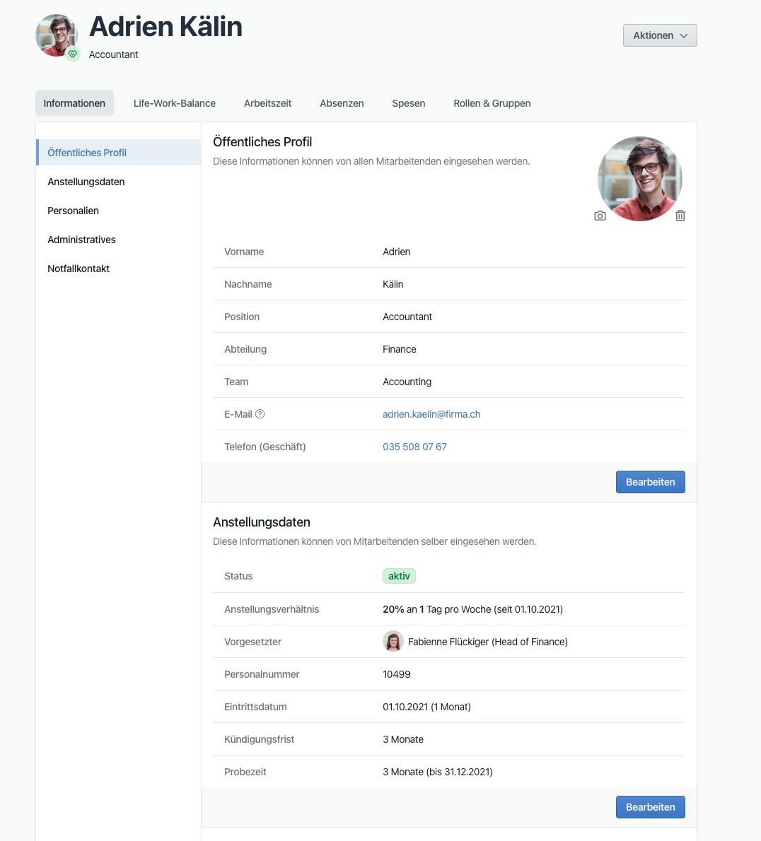 Das Personaldossier umfasst alle relevanten Mitarbeiterinformationen. Das öffentliche Profil ist unternehmensweit von allen Mitarbeitenden für Kommunikationszwecke einsehbar (über Rollen & Rechte konfigurierbar).