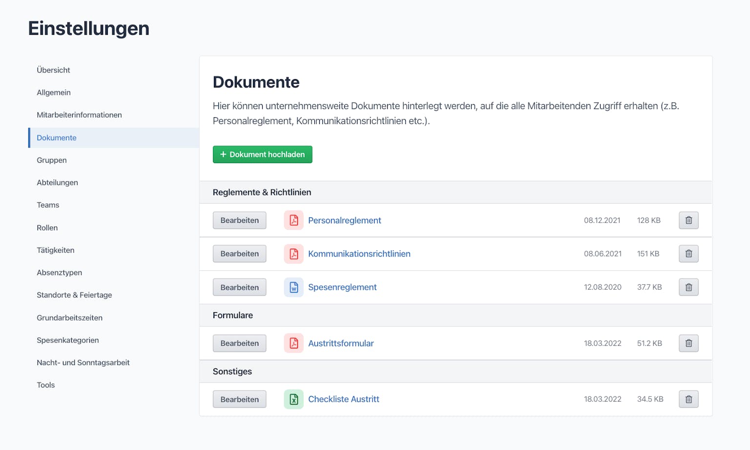 Unternehmensdokumente lassen sich für die Administration unter Verwalten > Dokumente ablegen.