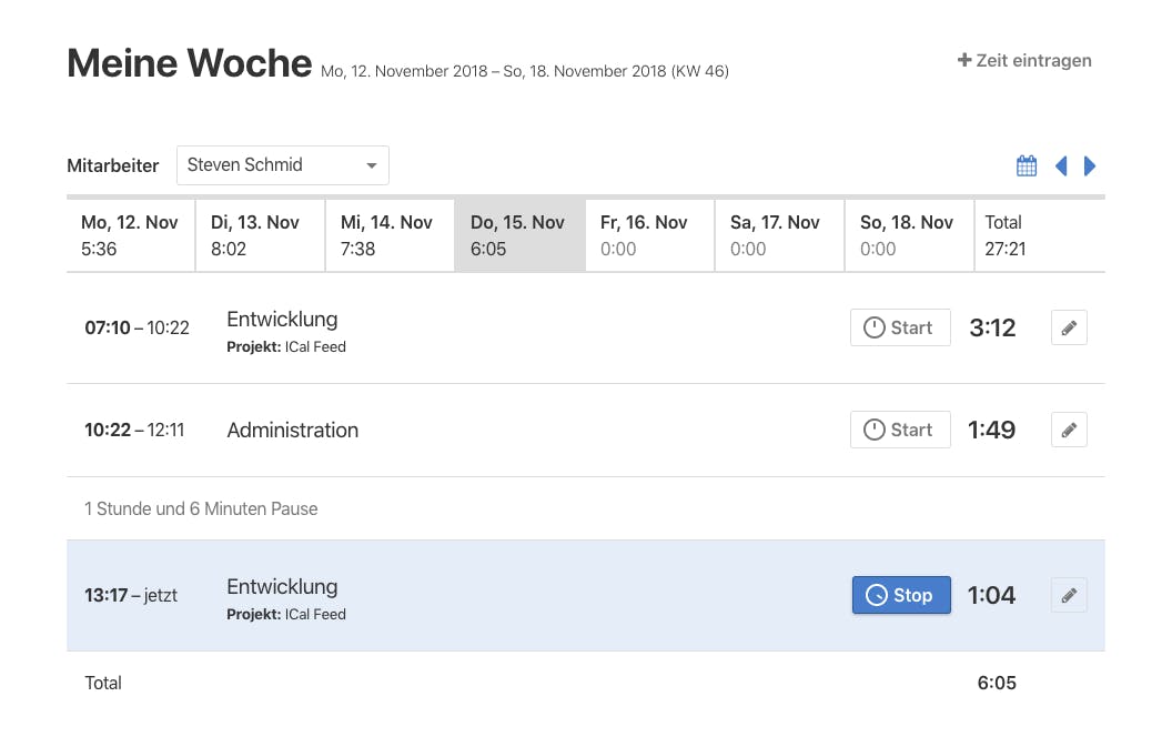 Per Start können Zeiteinträge neu kopiert und als Timer gestartet werden